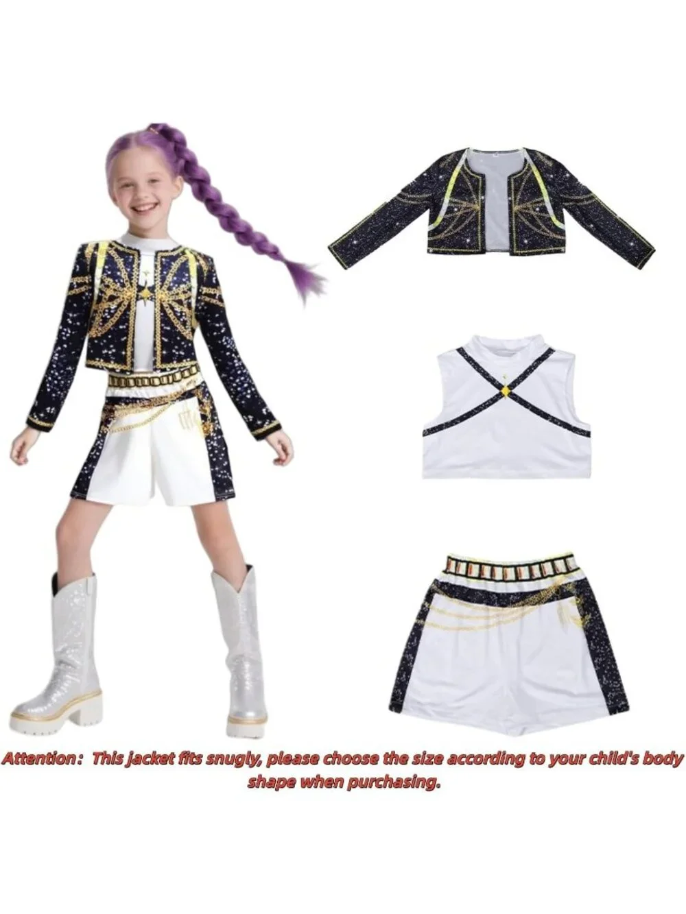 KPOP Singer Cosplay Girls Costume Black Printed Jacket, Shirt, Shorts 7-8 YEARS